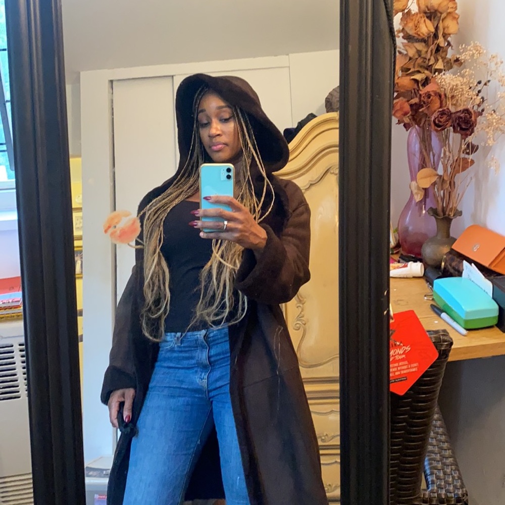 Chocolate brown reversible shearling coat